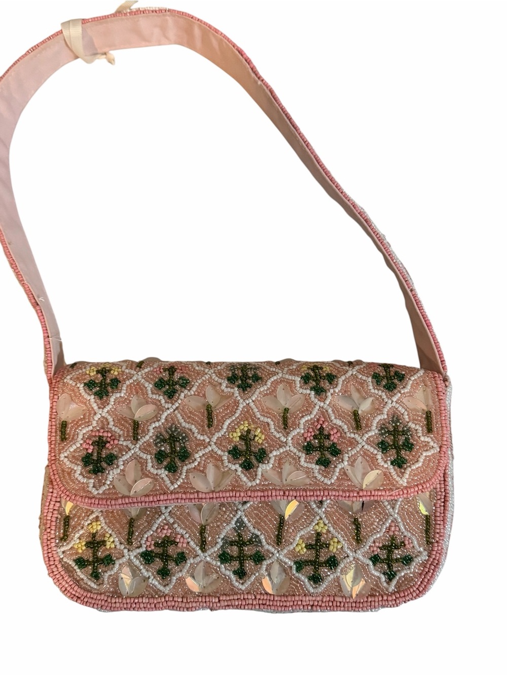 Made in India Pink & Green Garden Trellis Beaded Sequin Floral Bag New Release - Picture 7 of 10